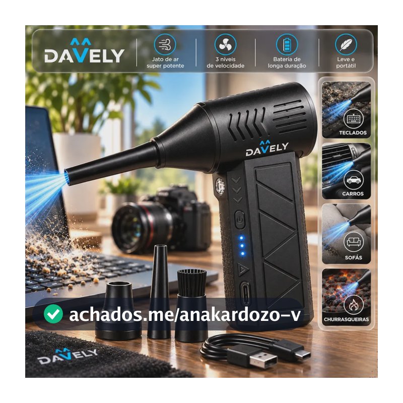 Mini Ventilador Soprador Ar Potente Turbo 130000rpm Assoprador Elétrico Sem Fio Recarregável USB-C 3 Níveis Jato Forte Portátil Multiuso Limpeza Teclado Carro Acende Churrasqueira Davely