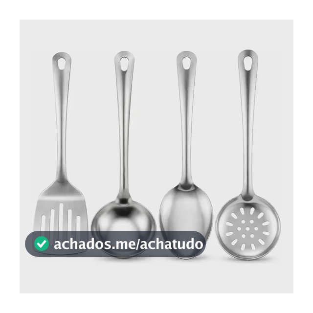 Jogo Kit 4 Utensílios De Cozinha Escumadeira Concha Espatula Colher 100% Inox - Kit 4 Peças