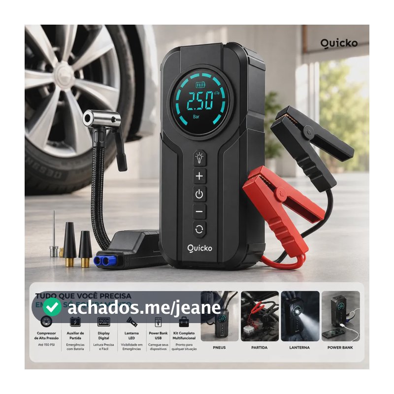Bomba De Ar Elétrica Portátil Compressor Calibrador De Pneus Digital Para Carro Moto Bicicleta Inflador Recarregável Auxiliar De Partida Bateria Power Bank Celular Emergência Automotiva Quicko