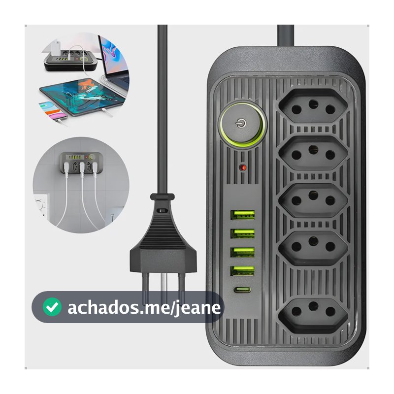 Extensão De Tomadas Filtro de linha 5 Tomadas + 4 Usb e 1 tipo C Cor Preto