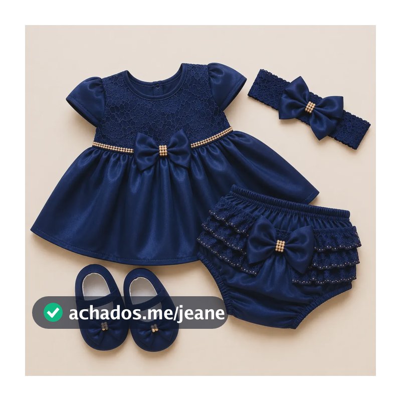 Kit 4 Peças Vestido Calcinha Laço Sapato Bebê Menina 0 Á 6 M Azul-escuro 0 Á 3