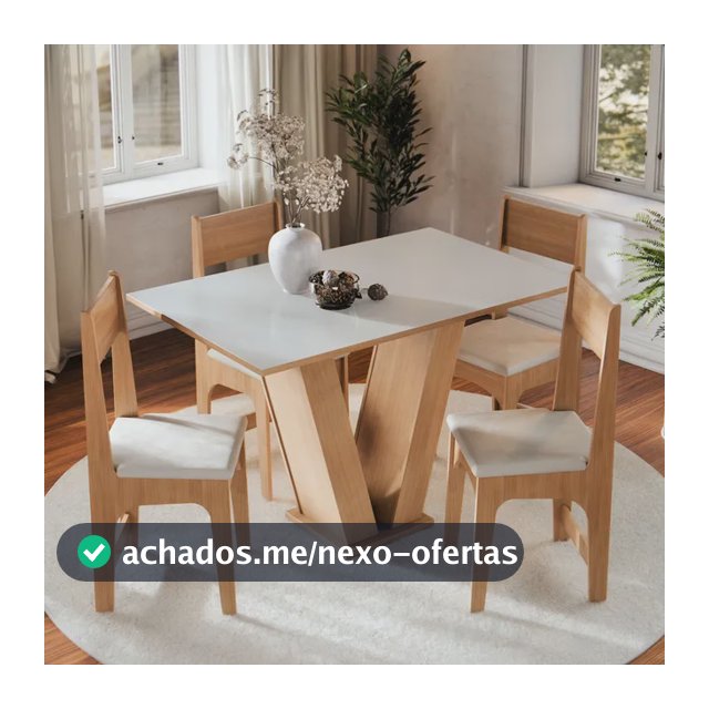 Conjunto Sala de Jantar 4 Lugares com Cadeiras Estofadas Mesa Com Tampo Retangular Semelhante Vidro Base V Mel Branco Off White