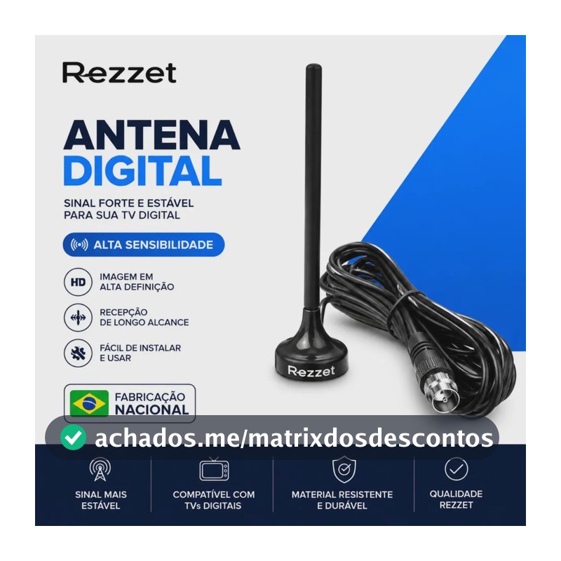 Antena Sinal Digital 4k Smart Tv Interna Externa Led Lcd Amplificador Hdtv Uhf Com Cabo Longo E Base Magnética Rezzet