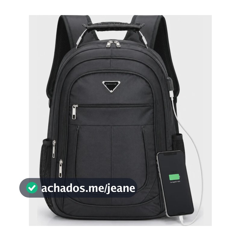 Mochila Notebook 17 Impermeável Reforçada Grande Masculina USB Escolar Trabalho Rincostar Preta Preto Liso