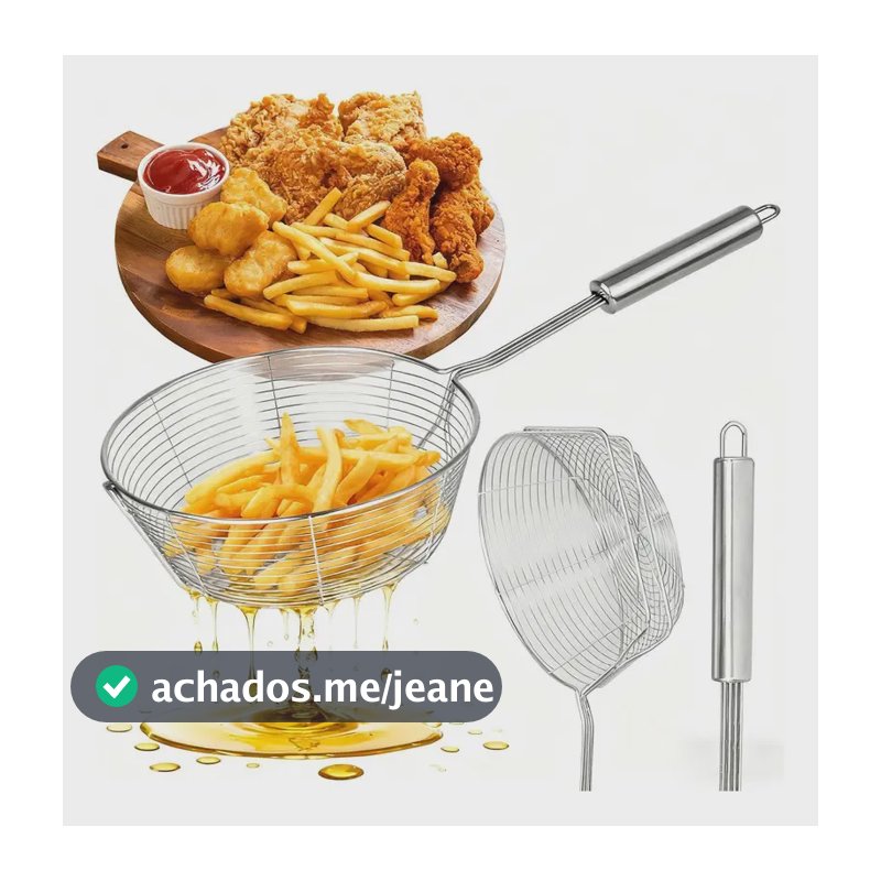Escumadeira de Fritura em Aço Inox 20 cm, Com Cabo Longo e Cesta Aramada