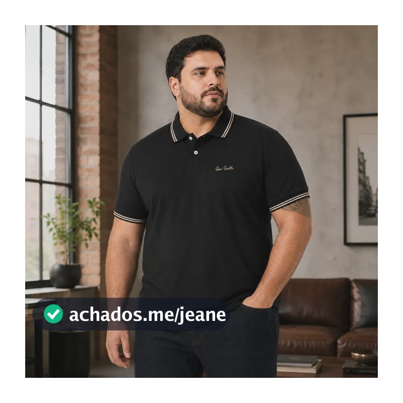 Camisa Polo Masculina Plus 100% Algodão Penteado Preto Liso G1