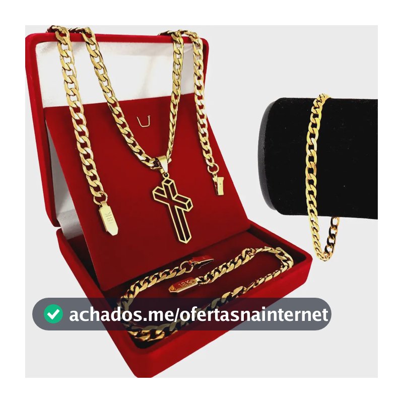 Kit Grumet Cordão Banhada A Ouro 70 Cm + Pulseira E Pingente Cruz 3d