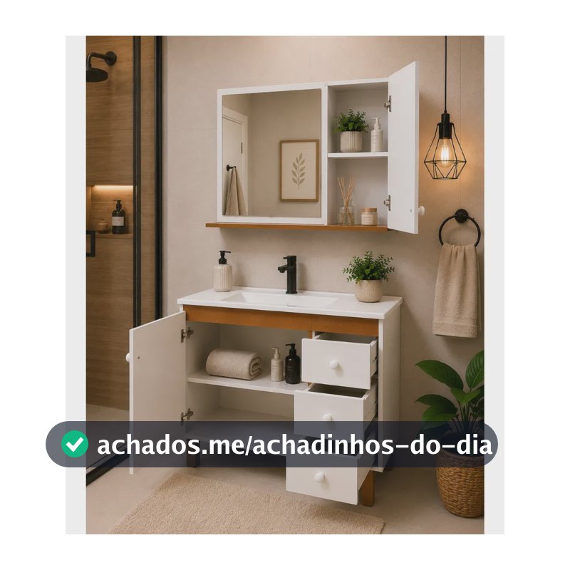 Gabinete Banheiro 80cm 3 Gavetas Com Cuba E Espelho Freijo Branca Um Furo