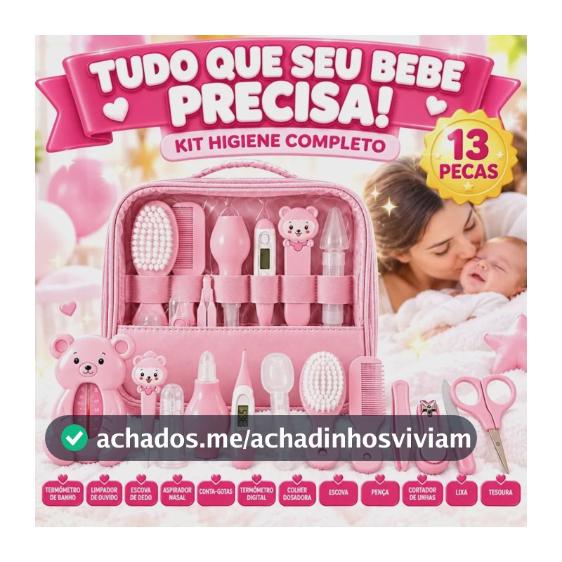Kit Higiene Cuidados Bebê Rosa Recém Nascido Completo 13 Peças Bolsa Maternidade Termômetro Digital Aspirador Nasal Escova Pente Cortador De Unha Azul Menino Chá De Bebê Presente Louis Riel Acustico