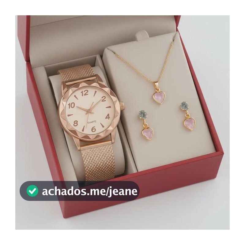 Relógio Feminino+ Colar Pingente Brincos Folheado A Ouro 18k Rosê Branco