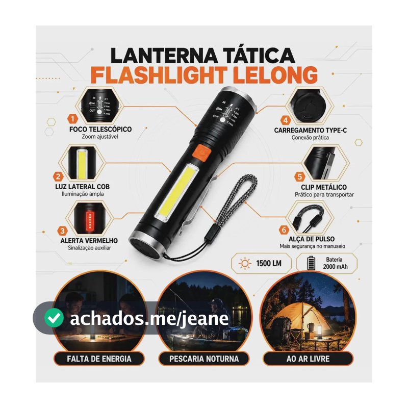 Lanterna Tática Led Lelong Le-8344 Recarregável Usb Zoom Cob Branco Preto
