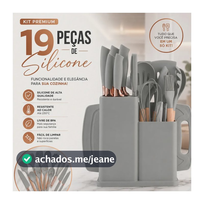 Kit de 19 Utensílios para Cozinha em Silicone e Cabo de Madeira Cinza - Shokki