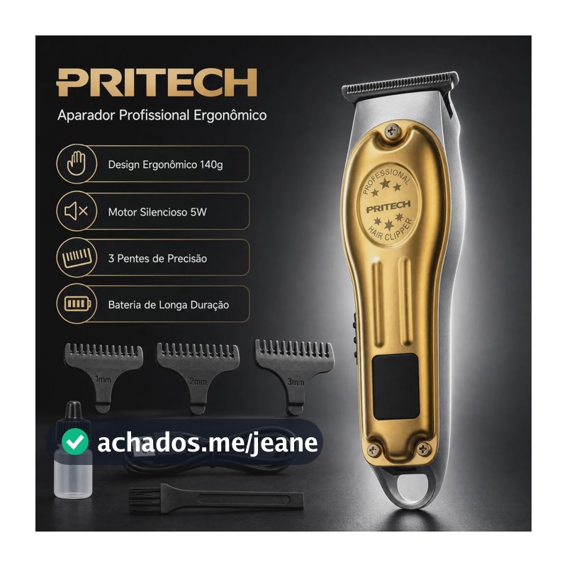 Cortador de Cabelo Pritech Sem Fio para Barba e Cabelo Profissional Dourado