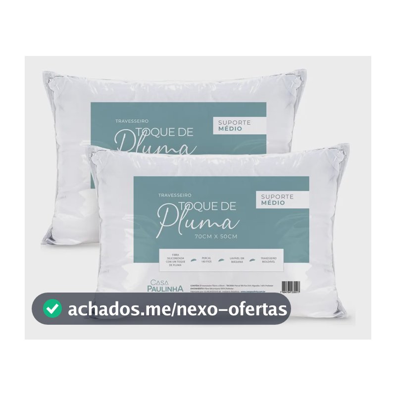 Kit 02 Travesseiros Toque Pluma 70x50 Percal 180 Fios Médio Branco