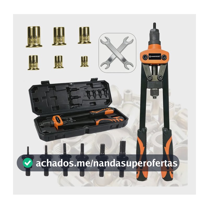 Kit Rebitador Manual Rosca Com Cabo Borracha Alavanca M3-m10 Pro Kit + 60porcas De Rebitagem + 6bocal + 2chave De Boca Aberta