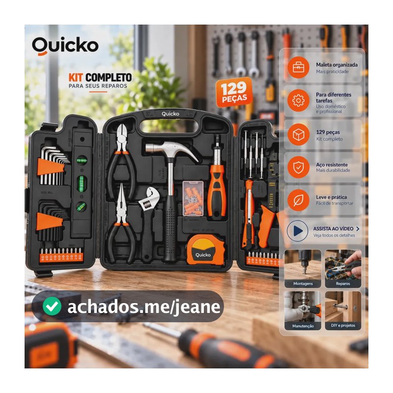 Kit Ferramentas 129 Peças Jogo Chaves Inglesa Soquetes Allen Torx Bits Alicates Crimpador de Fios Martelo Trena Nível Ajustável Estilete Maleta Completa Mecânico Casa Oficina Reparos Manutenção Quicko