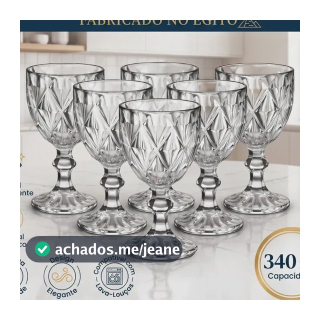 Jogo 6 Taças de Cristal 340ml Diamond Transparente Lapidado Vitrex