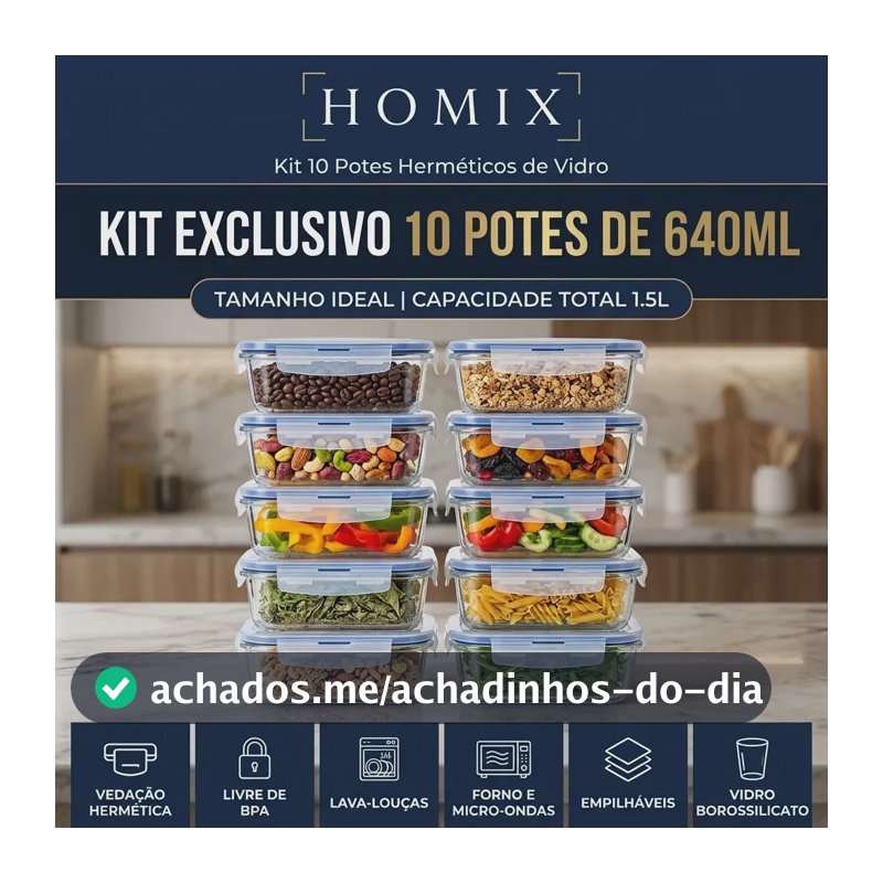 Conjunto 10 Potes 640ml Vidro Hermético 4 Travas Marmita Universo Mix