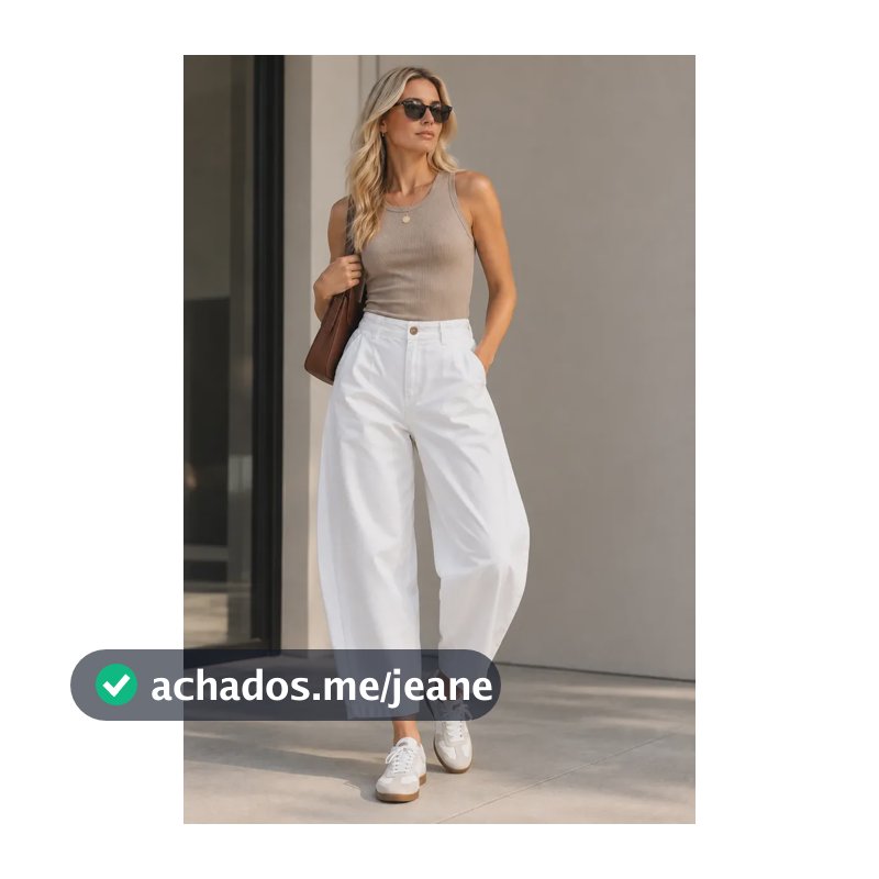 Calça Feminina Sarja Barrel Cintura Elástico Bolso Faca Mom Branco 42