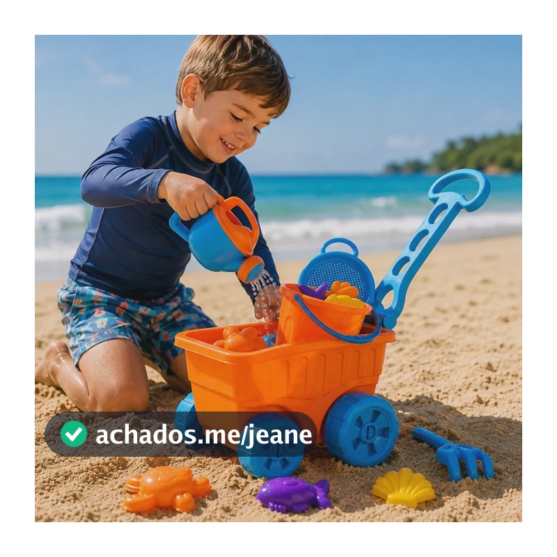 Carriola De Praia Infantil Laranja Com Acessórios Infantil Castelinho De Areia Forminhas Baldinho Regador