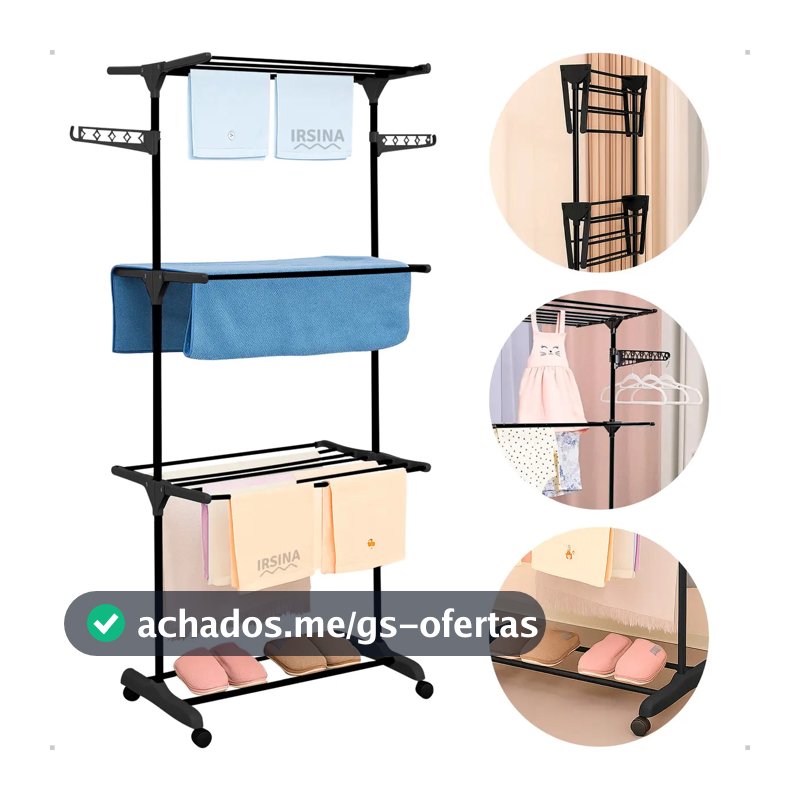 Varal Dobrável De Chão 3 Andares De Roupas Grande Com Rodinha Aba Lateral Retrátil Para Cabide Irsina