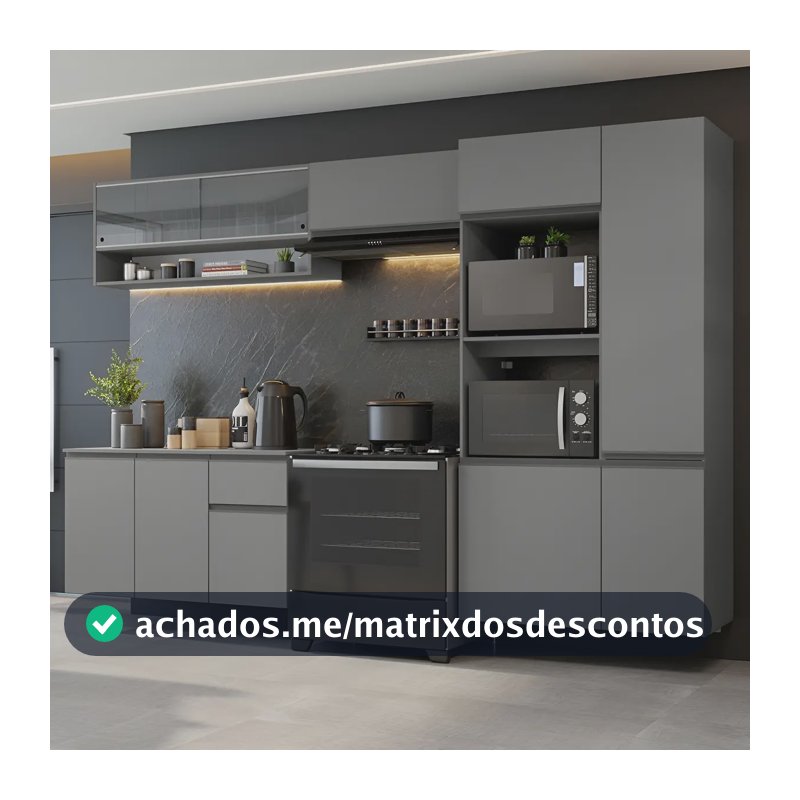 Armário Cozinha Completa Modulada Suspensa com Balcão para Cooktop 300cm Cinza Nice Madesa GRNC3000073B