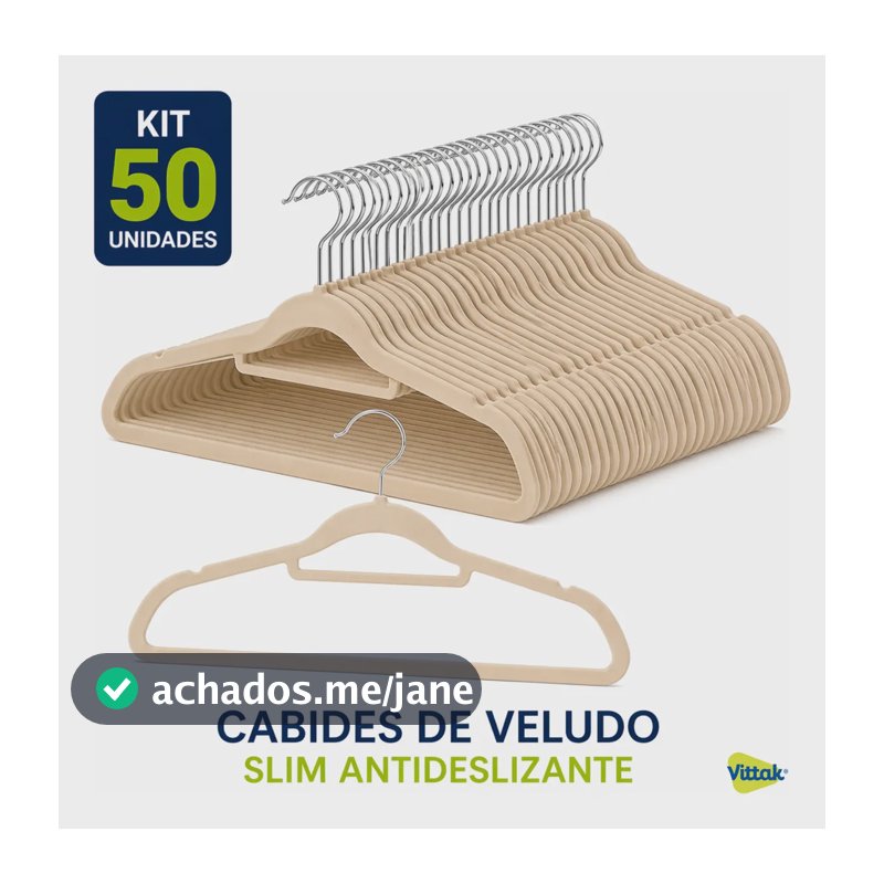 Kit 50 Cabides Veludo De Roupa Antideslizante Slim Adulto Bege