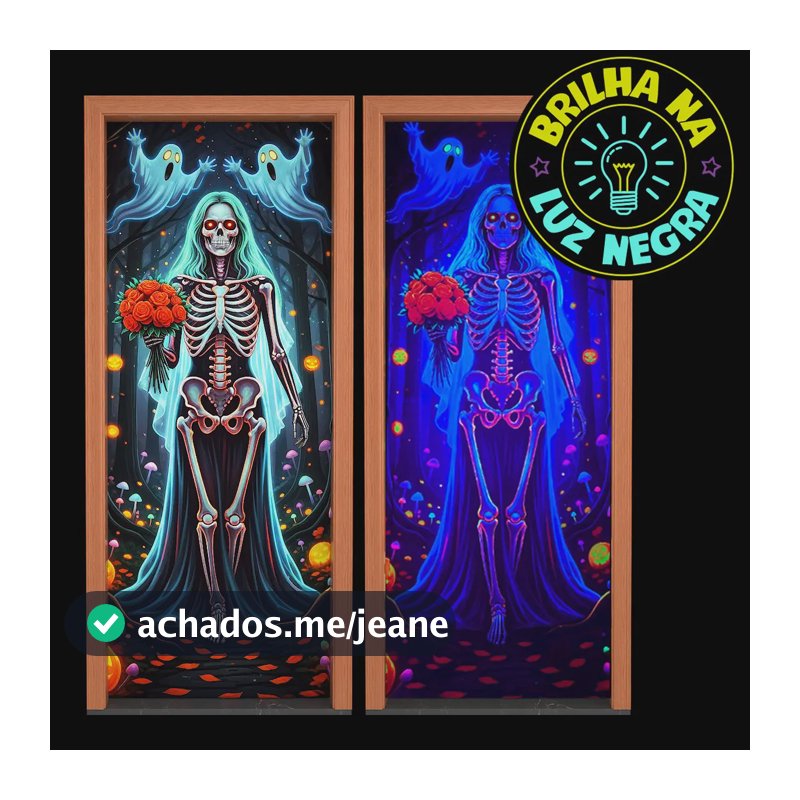 Capa de Porta Halloween Caveira Noiva Cadáver Neon Brilha no Escuro Luz Negra Decoração Terror Enfeite Para Porta de Entrada Em Tecido Elástico