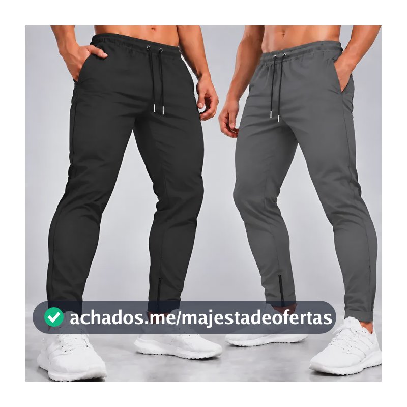Kit 2 Calças Jogger Tactel Com Elastano Bolsos E Zipper Preta E Cinza M