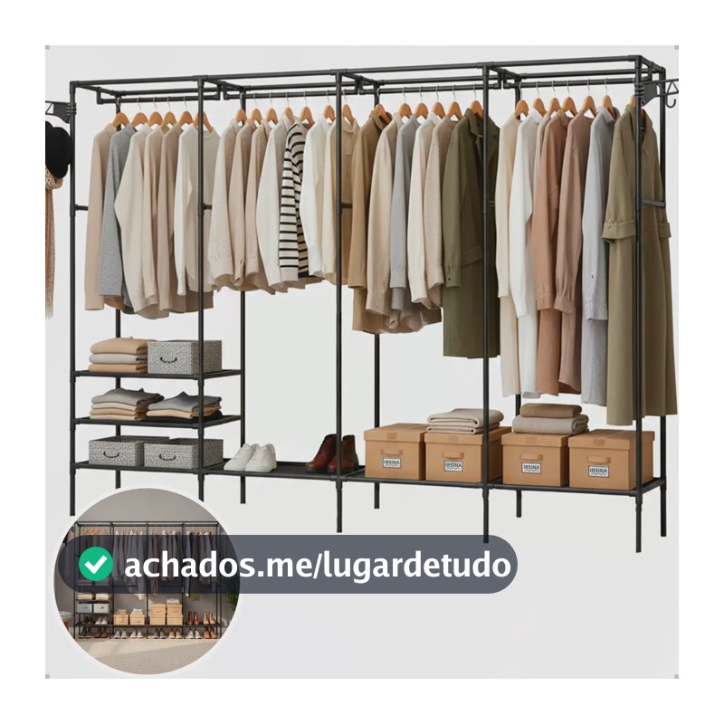 Guarda Roupa Cabideiro Organizador Closet Aberto Desmontavel Arara Divisórias 10 Prateleiras Aço Resistente Preto Irsina