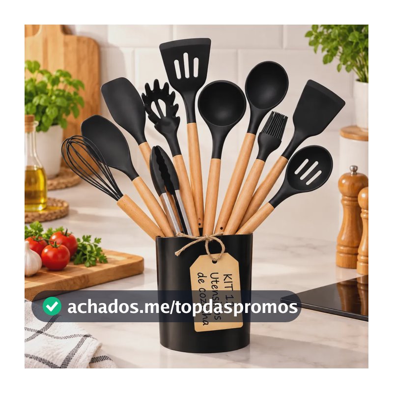 Kit 12 Utensilios Silicone Para Cozinha Panelas Antiaderente Preto