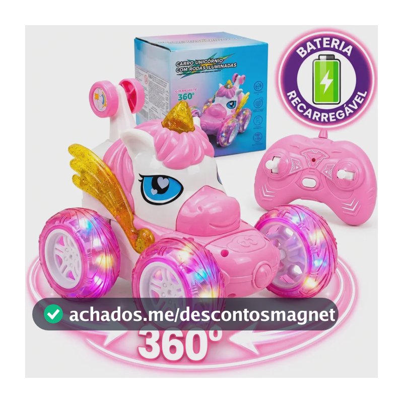 Carrinho Unicórnio Maluco Controle Remoto Recarregável Leds Brinquedo de Menina Infantil Carro Gira 36