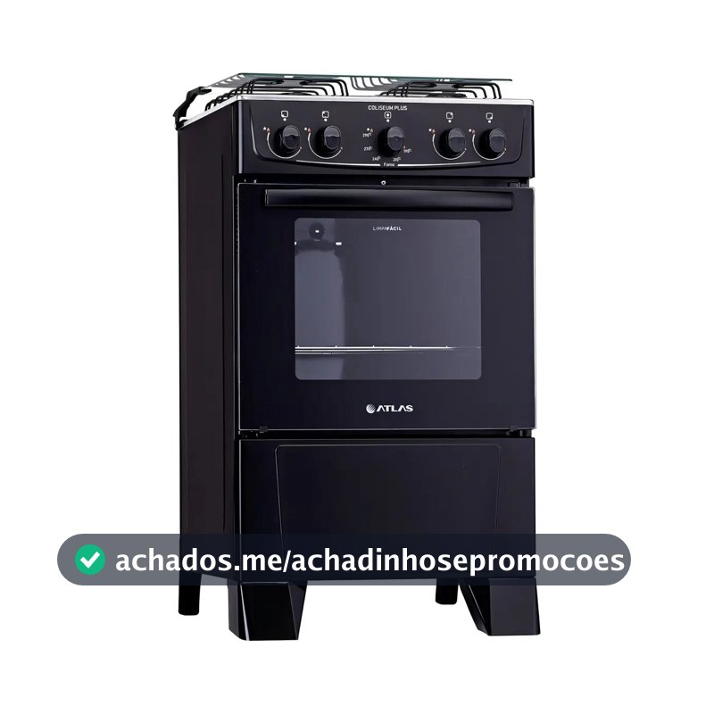 Fogão 4 Bocas Atlas Coliseum Plus Preto A Gás com Mesa de Inox e Forno de 50 Litros Acendimento Manual