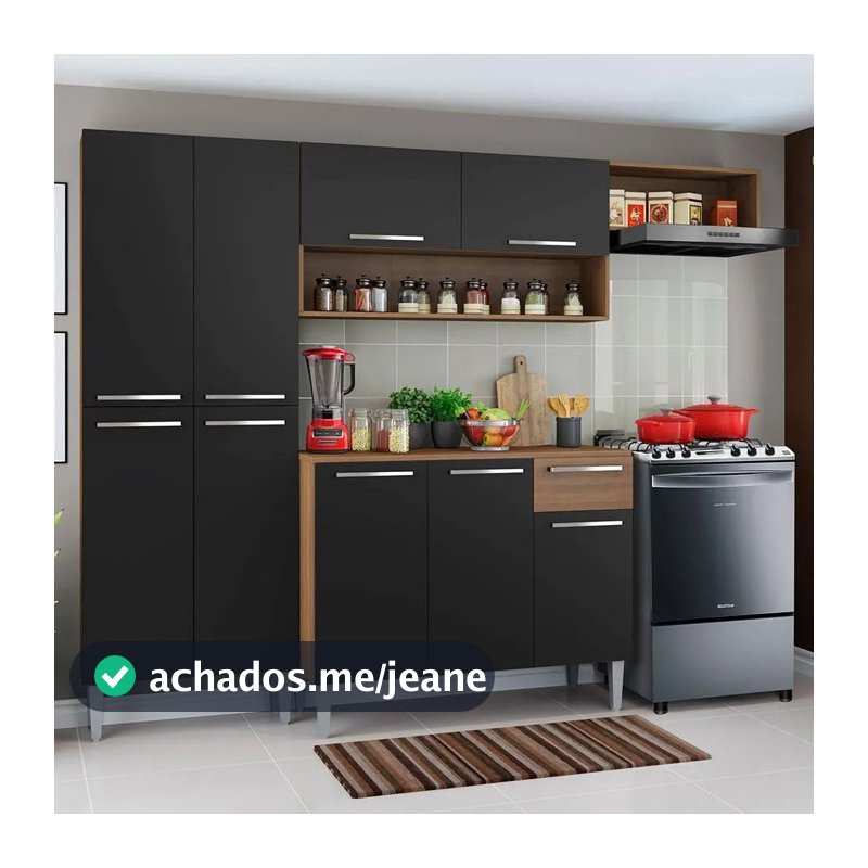 Armário de Cozinha Modulada Compacta Completa Madesa Emilly Top Com Armário E Balcão Cor Rustic/Preto G200707K