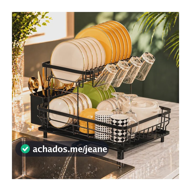 Escorredor De Pratos Em Aço Inox 2 Andares Com Dreno Prateleira De Pratos Drenagem Automática Para Pratos Copos Talheres e Tigela Limoa