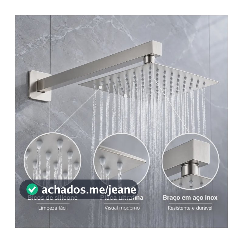 Chuveiro de Parede Quadrado 20cm Inox Escovado com Braço e Cabeça Articulável Efeito Chuva