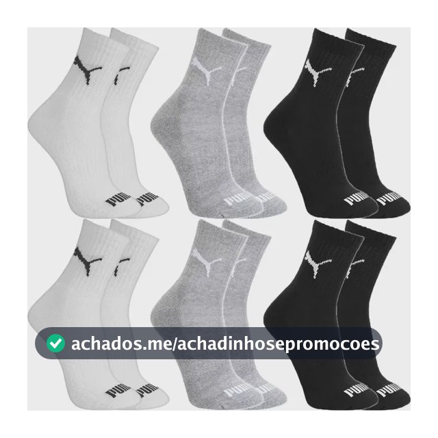 Kit 6 Pares Meias Puma Algodão Cano Médio Alto Atoalhado