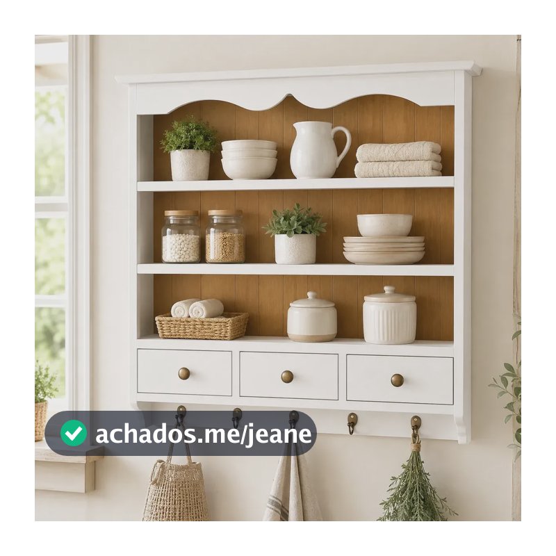 Prateleira De Madeira Multiuso Com Ganchos Farm House Branco Branco