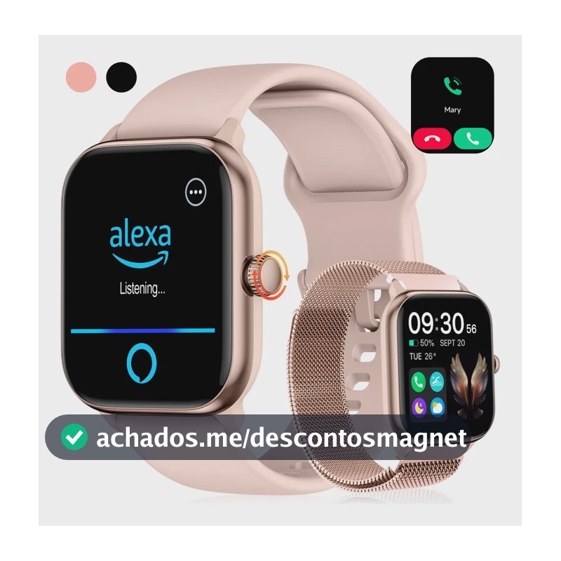 Relógio Inteligente Smartwatch Alexa Chamadas Bluetooth NOVANTE Rosa Digital Feminino Masculino Esportivo Notificações Instantâneas Agua IP68 350mAh 1.85 AMOLED Com Codificador Monitor Cardíaco Spo2
