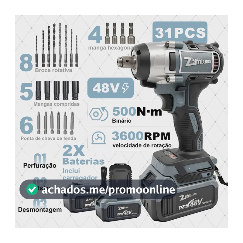 Chave De Impacto Profissional 2 Baterias 1/2 Motor Brushless 500 Nm 3600 Rpm Bivolt Maleta E Acessórios Alta Potência Motor Sem Escovas