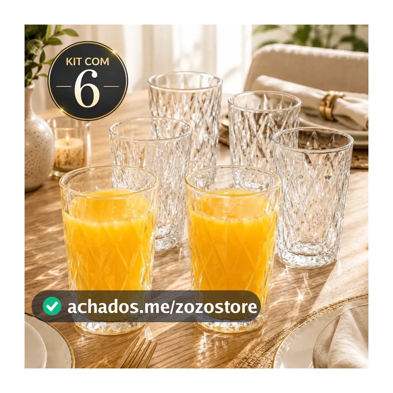 Jogo 6 Copos 400ML Grande Vidro Grosso Diamond Resistente Transparente Kit para Drink Água Suco Restaurante Diamante Sólar