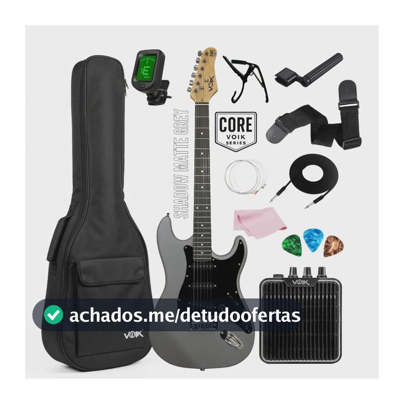 Kit Guitarra Elétrica Completa Voik Shadow Grey Matte Stratocaster 3 Single Coil Corpo Basswood Braço Maple 22 Trastes Tarraxas Blindadas Com Amplificador Bag Alavanca e Cabo P10 CORE Series P Destros