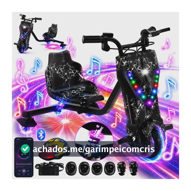 Patinete Elétrico Triciclo Drift Infantil 350W 36V Bluetooth LED 3 Velocidades Motor Brushless Luzes RGB Freio Manual Capacete Kit Proteção Bateria Lítio Ajustável Até 100kg Preto