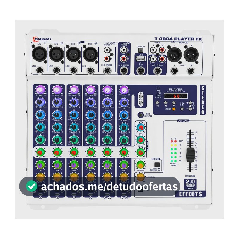Mesa de Som Taramps T 0804 Player FX 8 Canais com Bluetooth e Efeitos