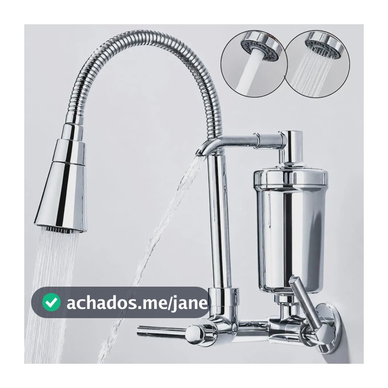 Torneira Gourmet Com Filtro Purificador de Água Flexível Pia Cozinha Bica De Parede 2 Jatos Cor Prateada Linha Premium - Marca Camperluz
