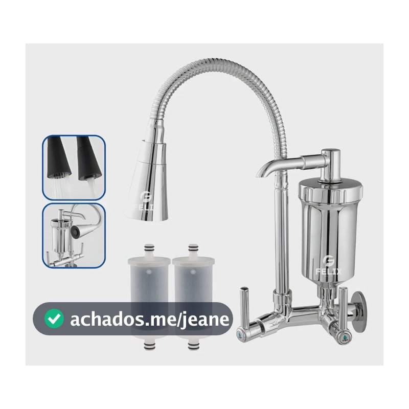Torneira Filtro Parede Gourmet Flexível Cozinha + Refis Prateado Cromado