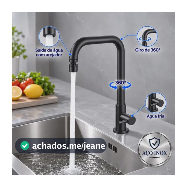 Torneira para Cozinha Inox Preta Água Fria com Arejador Bica Alta Móvel Corpo Giratório