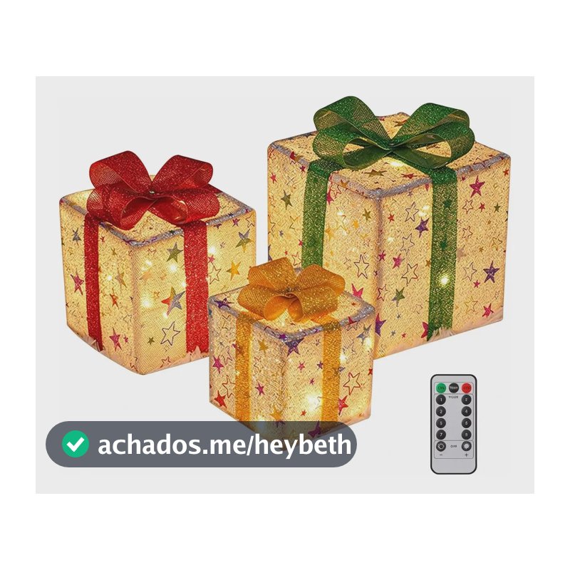 Enfeite Natal Kit 3 Caixas De Presente Luminosas Controle Dourado