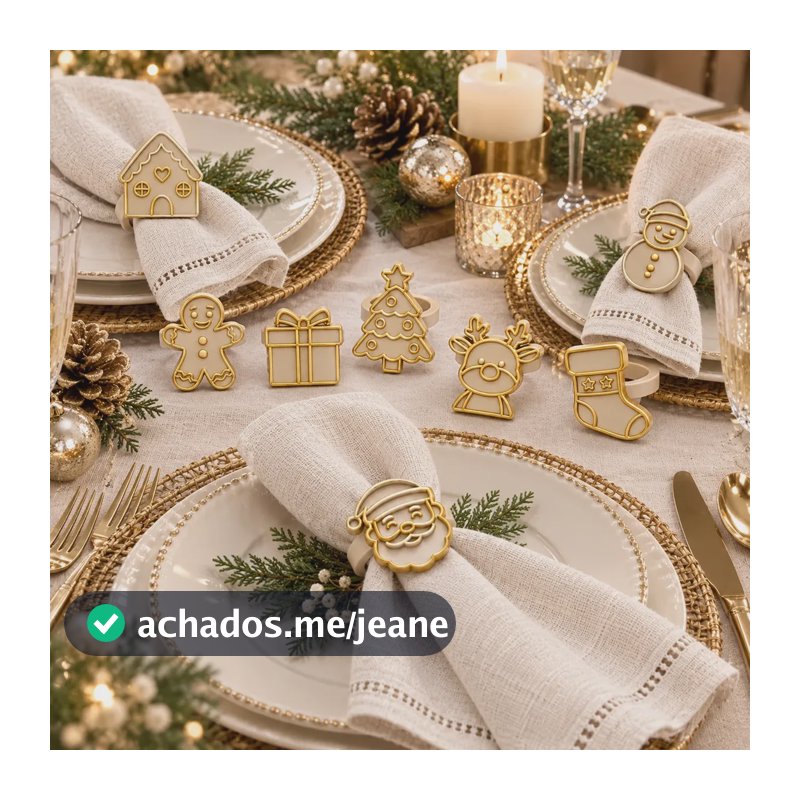 Anel Porta Guardanapo Papai Noel Kit 8 Decoração Ceia Natal Bege
