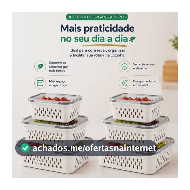 Conjunto Kit 6 Organizadores Geladeira Transparente Hermético Escorredor Cesto Frutas Alimentos Verduras Legumes Dasv
